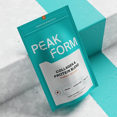 Peak Form – Collagen Supplement Branding & Pouch Design 3d 3d mockup 3d model 3d visual branding design graphic design logo packaging and label design packaging design packaging designer supplement label design supplement pouch supplement pouch branding wellness branding