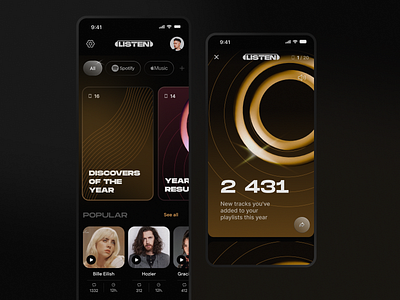 LISTEN - Music Stats Agregator 3d app design digital glass minimal music realistic spotify ui ux