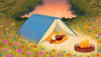 Book tent books camping evening fire fireflies flowers lightning bugs moon reading stars summer tent twilight