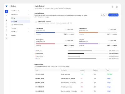 Credit Settings app billing billing settings card credit settings design ui ux web design website