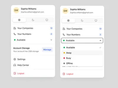 Profile dropdown app branding card design dropdown illustration logo profile card ui ux web design website
