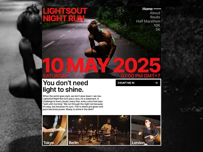 Editorial Design - Running Event bold branding clean design editorial event homepage landing page layout magazine photography poster running sports typography ui ux website