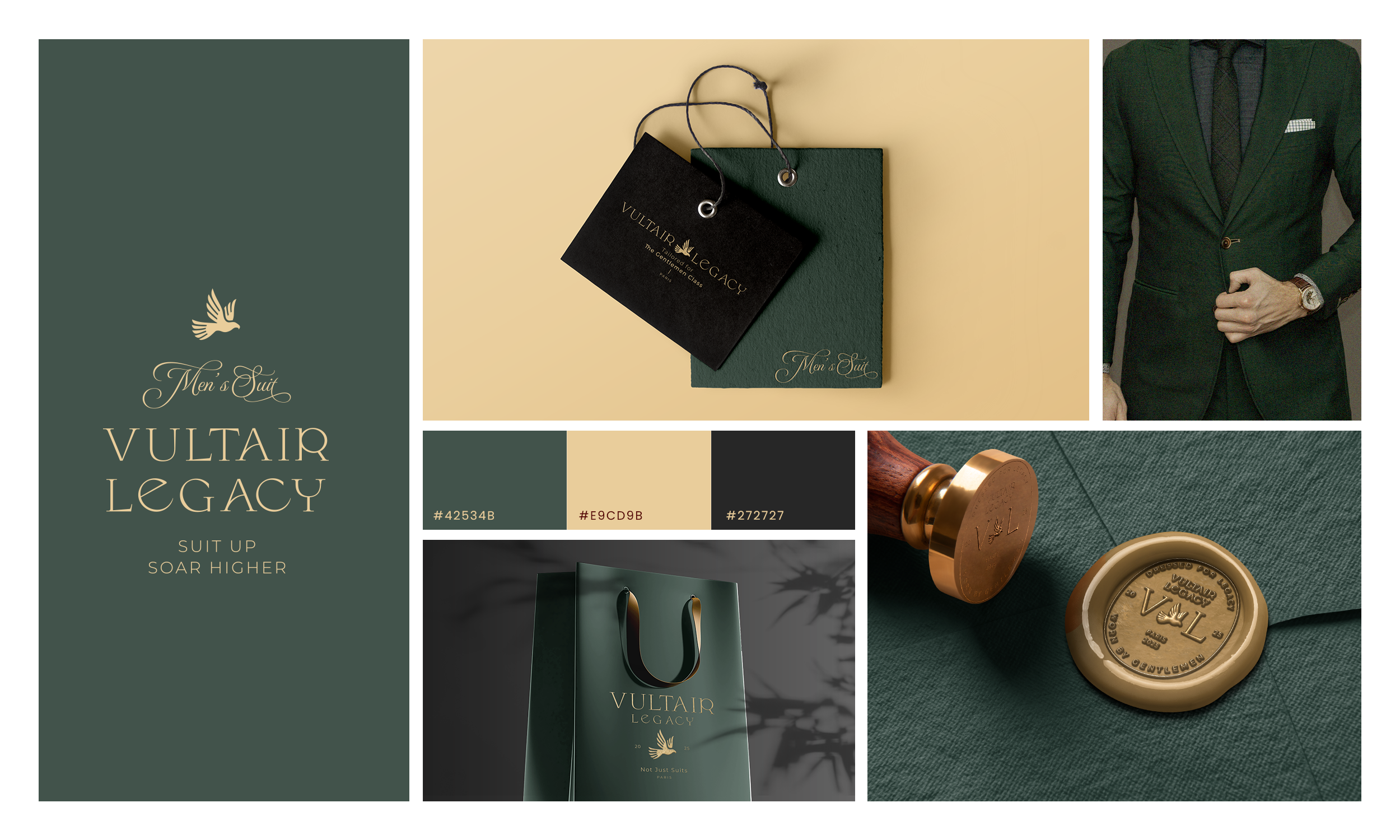 Vultair Legacy Men’s Suit – Branding & Visual Identity animal brand book brand design brand designer brandmark custom branding dove fashion feminine layout logo design logotype luxury mascot menswear minimalist logo mockup packaging romance typeface