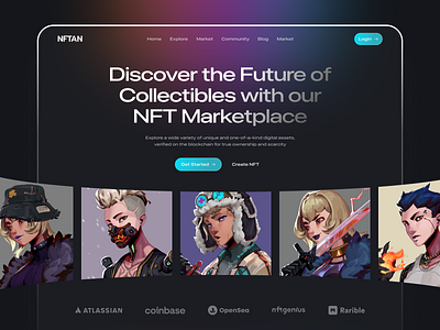 NFTAN - NFT Marketplace Landing Page [Hero] 3d nft crypto ethereum gradient hero hero section nft nft card nft design nft illustration nft landing page nft marketplace nfts rarible ui uiux ux web web design website