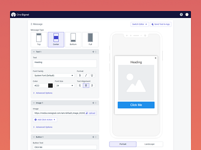OneSignal In-app Message Landscape Mode console custom customize dialog in app landscape message mobile notif notification onesignal pop up portrait preview prompt responsive simulator toggle ux web