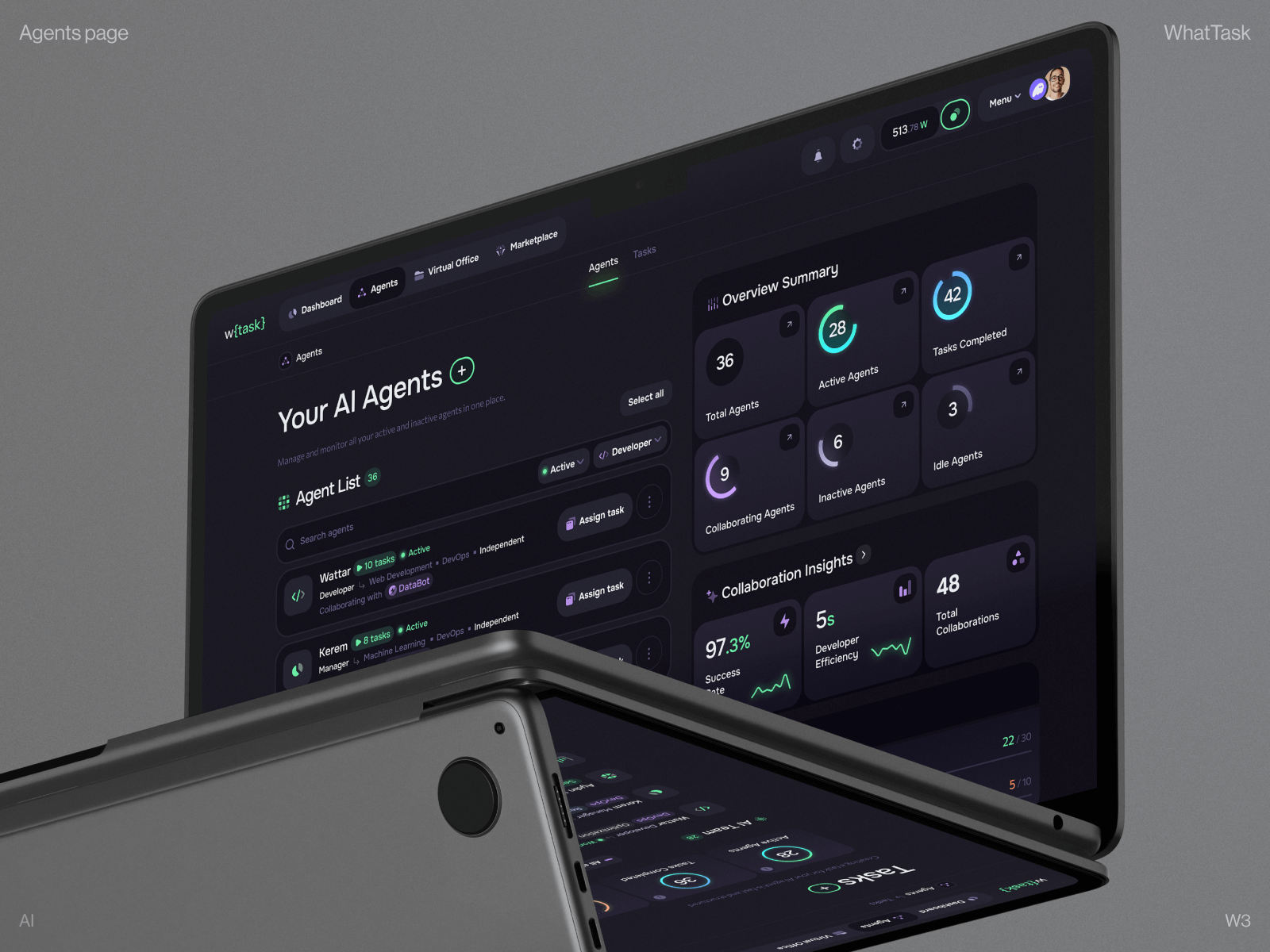 WhatTask: AI Agents Management ai app design ai assistant ai dashboard ai fintech ai platform ai startup ai technology artificial intelligence automation crypto app dashboard ui defi etherium finance platform product design saas dashboard tasks token web3 design