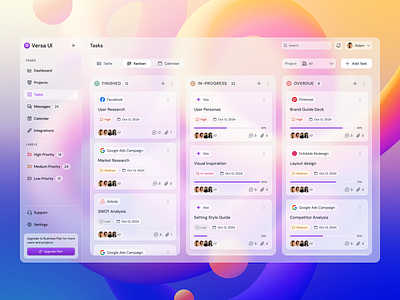 Kanban - Versa UI dark mode design system glassmorphism kanban project management task management theming