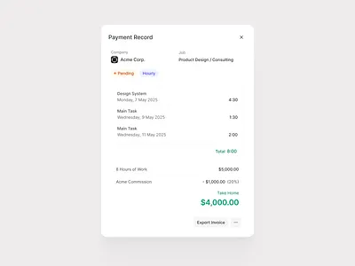 Payment Record Modal app clean dashboard design invoice list payment record receipt user interface
