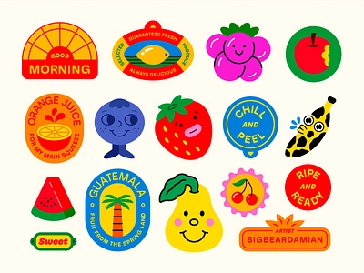 Fruit Sticker Pt. IX apple banana blueberry cherry design fruit fruits grape icon illustration lemon logo orange palm tree pear sticker stickers strawberry sun watermelon