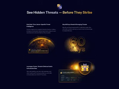 Hidden Threats Section for a Cybersecurity Website attacks bento crowdsec cybersecurity dark design features globe grid illustration marketing netwrok section security shield threats ui web