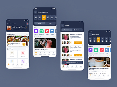 A Community App for Older Adults app design clean ui community app event app event screen figma figma design group app home screen medical app minimal design modern ui old age app tranding app ui ui design uiux ux design
