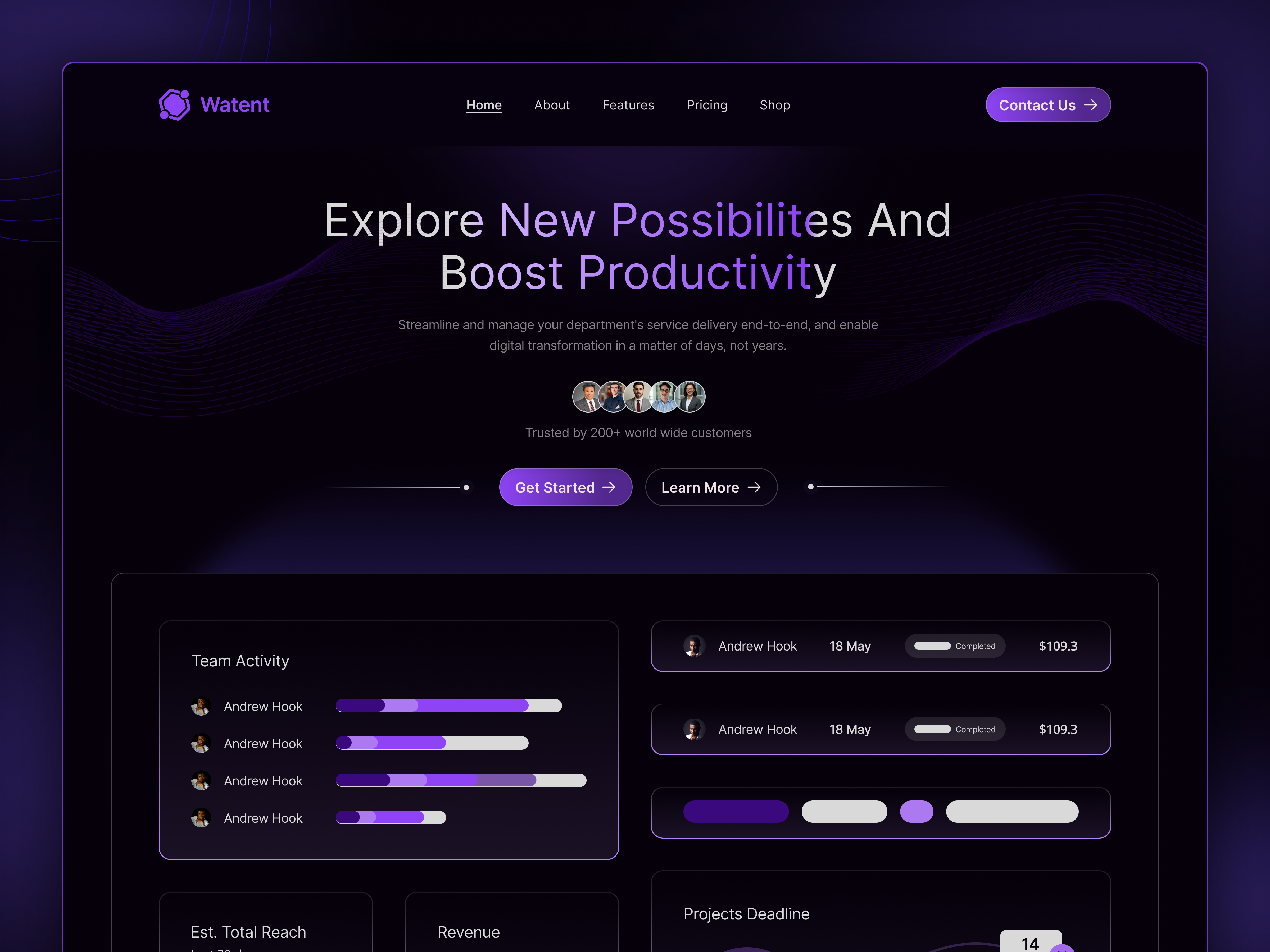 Watent – Productivity SaaS Landing Page darkmodeui dashboarddesign fururisticui landingpage minimalui modernlayout productivitytool saasdesign saaslanddingpage ui userinterface ux watent webdesign