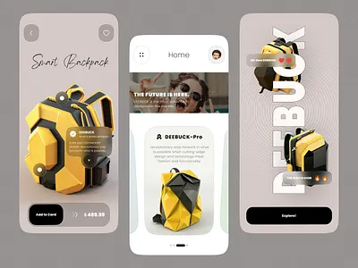 E-Commerce App - DEEBUCK backpack bag big imagery blur e commerce fashion brand minimal mobile mobile app design modern online shop online store ordering app shop smart smart backpack store ui ux