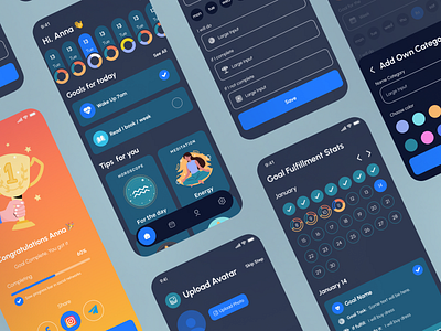 1. Mobile App UI/UX Gamified Goal & Habit Tracker calendar figma gamified goals growth design iosapp meditation mobile app design mobile ui productivity tracker ui uiuxdesign wellness