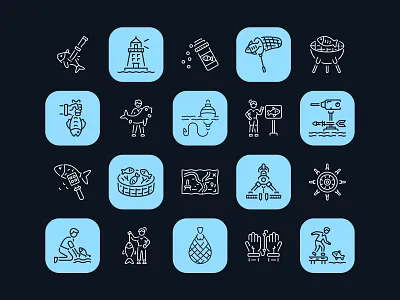 Fishing Icon Art Set activity bait fishing fishing hook fishing icon fishing net fishing rod fishing tool fun hobby icons leisure line art linear nature outdoors outline icon river fishing sea fishing vector