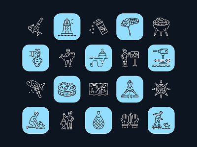 Fishing Icon Art Set activity bait fishing fishing hook fishing icon fishing net fishing rod fishing tool fun hobby icons leisure line art linear nature outdoors outline icon river fishing sea fishing vector