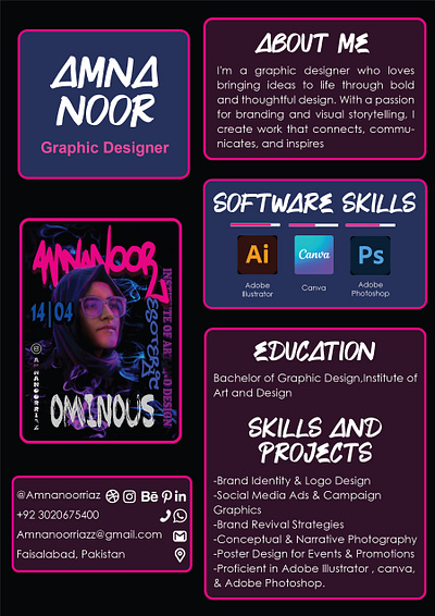 Visual Resume & Personal Brand Identity – Amna Noor adobe illustrator adobe photoshop bold design brand identity branding creative cv design portfolio expressive design graphic design layout personal branding resume design self branding typography visual storytelling