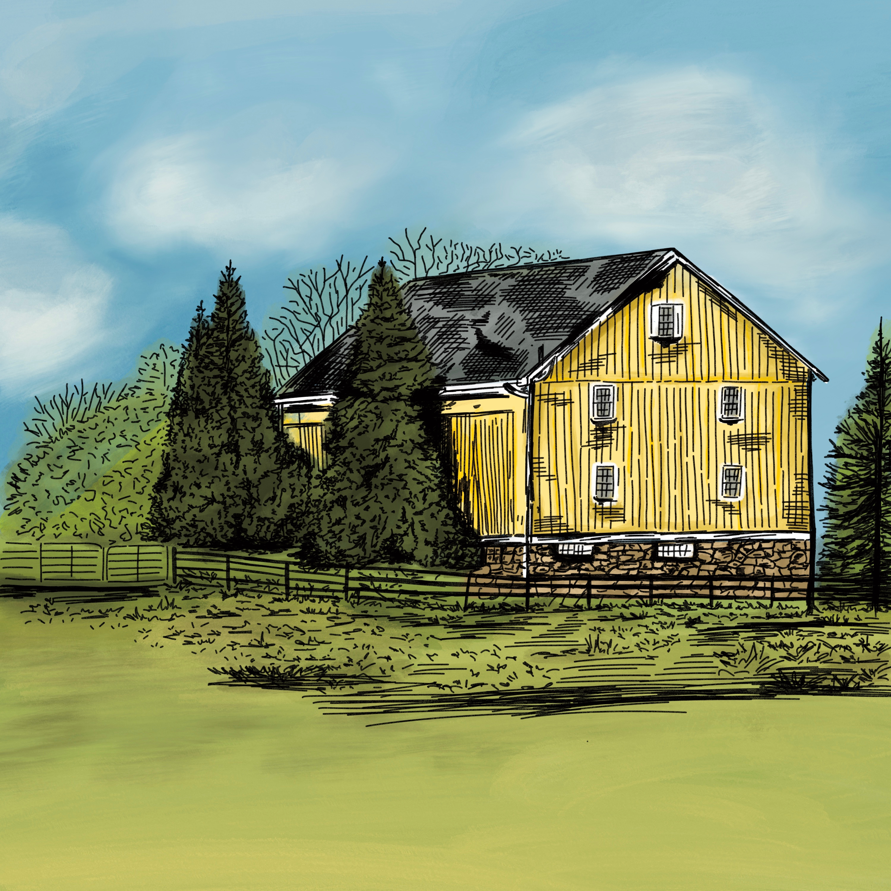 Barn Illustration for Beer Label barn building digital illustration drawing farm hand drawn illustration illustration art label art landscape line art line drawing nature outdoors painterly sketched sketchy soft trees watercolor