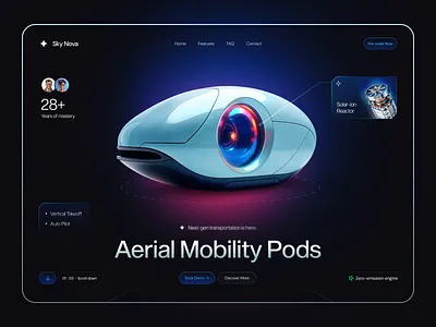Sky Nova – Next-Gen Solar-Ion Transport Product Page 3d mockup aerial mobility ai autonomous vehicle concept ui dark ui eco friendly flying car futuristic ui hero area interaction design landing page design next gen mobility product design sci fi interface solar transport ui design web design