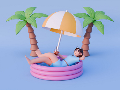 3D Girl Character Relaxing in Pool - 3D Illustration 3d 3d character 3d illustration blender character design character illustration graphic design illustration low poly palm model people pool party stylized character summer illustration summer party summer vibe travel web illustration woman