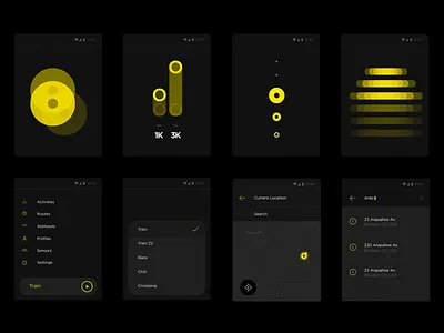 Black & Yellow Tracking Interface activity monitor clean layout data visuals fitness app fitness tracker health tracking location search minimal design mobile concept mobile interface performance app sensor design smart features sport tracking visual data workout planner workout tracker yellow highlights