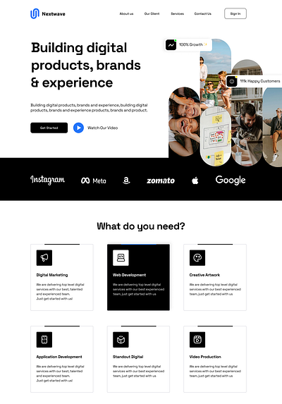 Nextwave Digital – Creative Agency Landing Page blacka nd white branding digital agency figma design inspiration web agency web pages why us