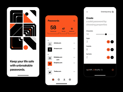 Secure Password Manager App Design account management app design biometric login clean interface form design manager app mobile security mobile vault orange accents password manager password strength privacy focused secure access secure password security app smart design typography ui design user safety ux design