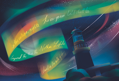 Lighthouse digital editorial folioart illustration jia yi liu northern lights