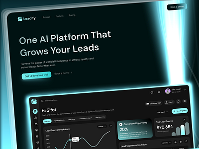 AI-Powered Lead Generation Platform ai ai landing page ai saas ai tool ai website b2b dark mode dark ui landing page lead generation light beam effect saas saas design saas landing page saas platform saas tool ui web design website website design