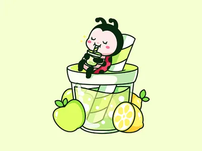 Juice Ladybug 🐞 apple boba cartoon character cup cute drink fresh green illustration ladybug lazy lemon mascot summer