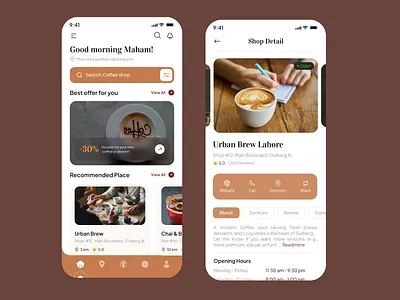 CoffeeSeeker — Coffee Shop Finder App app design clean ui coffee app coffee shop seeking app figama design figma home screen minimal design modern ui new app shop detail screen tranding app ui design uiuc ux design