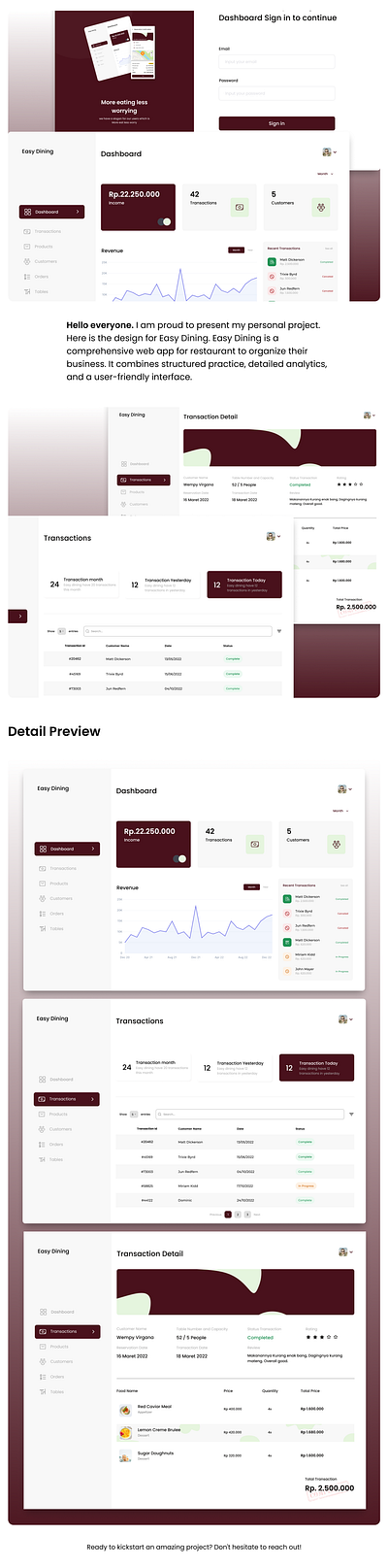 Easy Dining admin app branding figma design restaurant transaction ui web app