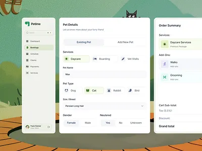 Petime - Add New Booking boarding saas booking saas cat sitter saas cat walking saas dog sitter saas dog walking saas green managment saas pet boarding saas pet booking saas pet care booking app pet care saas pet daycare saas pet management pet sitting saas pet walking saas product design ui ux web app
