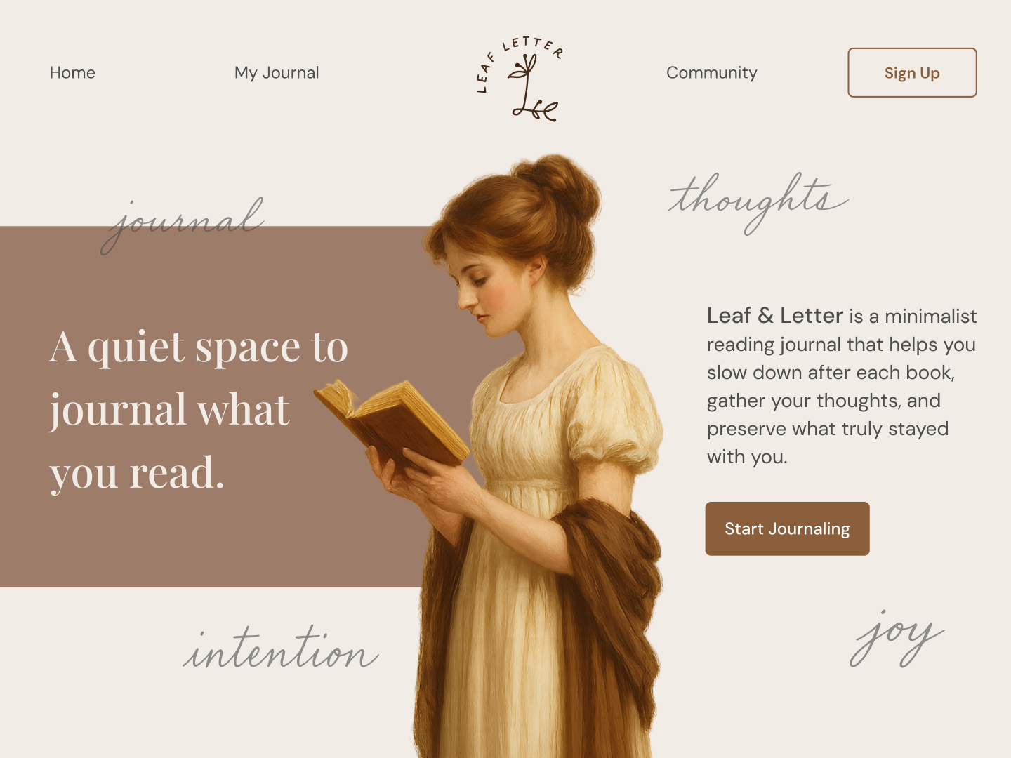 A Calm Reading Journal Landing Page Animation ai generated design animation branding calm web design clean design figma graphic design hero section design illustration landing page logo minimal motion graphics typography ui ux web design website