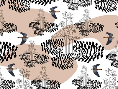 Bird and Lotus Forest american bird black cestrel falcon fashion flower forest gargi hawks leopard lotus marsh flower park pattern textile tiger water lily