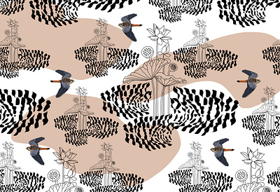 Bird and Lotus Forest american bird black cestrel falcon fashion flower forest gargi hawks leopard lotus marsh flower park pattern textile tiger water lily