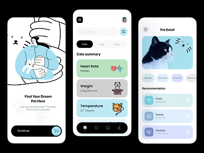 Pet Adoption mobile app 🐈 animal app app design cat app cats kitty minimal pet pet adopt pet adoption pet app pet care pet rescue pet store pethealth petshop ui uidesign uiux vet