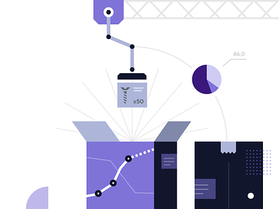 Dataviz in Manufacturing automation boxes crane data data visualization dataviz illustration manufacturing pie chart