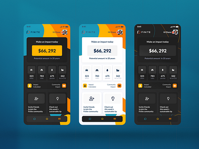 Finite - Sustainable investments App concepts android app blue dark dashboard design fintech invest investment ios layout mobile money orange return saas sun sustainability sustainable ui