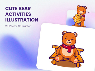 Cute Bear Activities Character Illustration Set activities animal bear bee branding chair character cute design graphic design honey illustration logo modern sit down vector