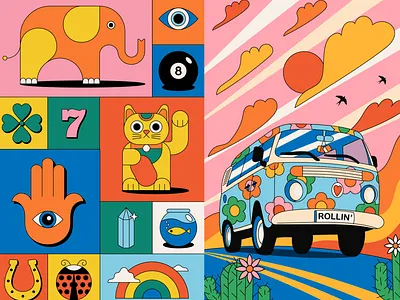 Retro 70s-inspired Bold & Fun Vector Illustrations 70s illustration 80s design branding color palette colorful illustration fun and bold graphic design graphic design trends happy design illustration illustrator mascot logo mascots pop art portfolio retro design retro illustration vector vector illustration vintage illustration