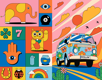 Retro 70s-inspired Bold & Fun Vector Illustrations 70s illustration 80s design branding color palette colorful illustration fun and bold graphic design graphic design trends happy design illustration illustrator mascot logo mascots pop art portfolio retro design retro illustration vector vector illustration vintage illustration