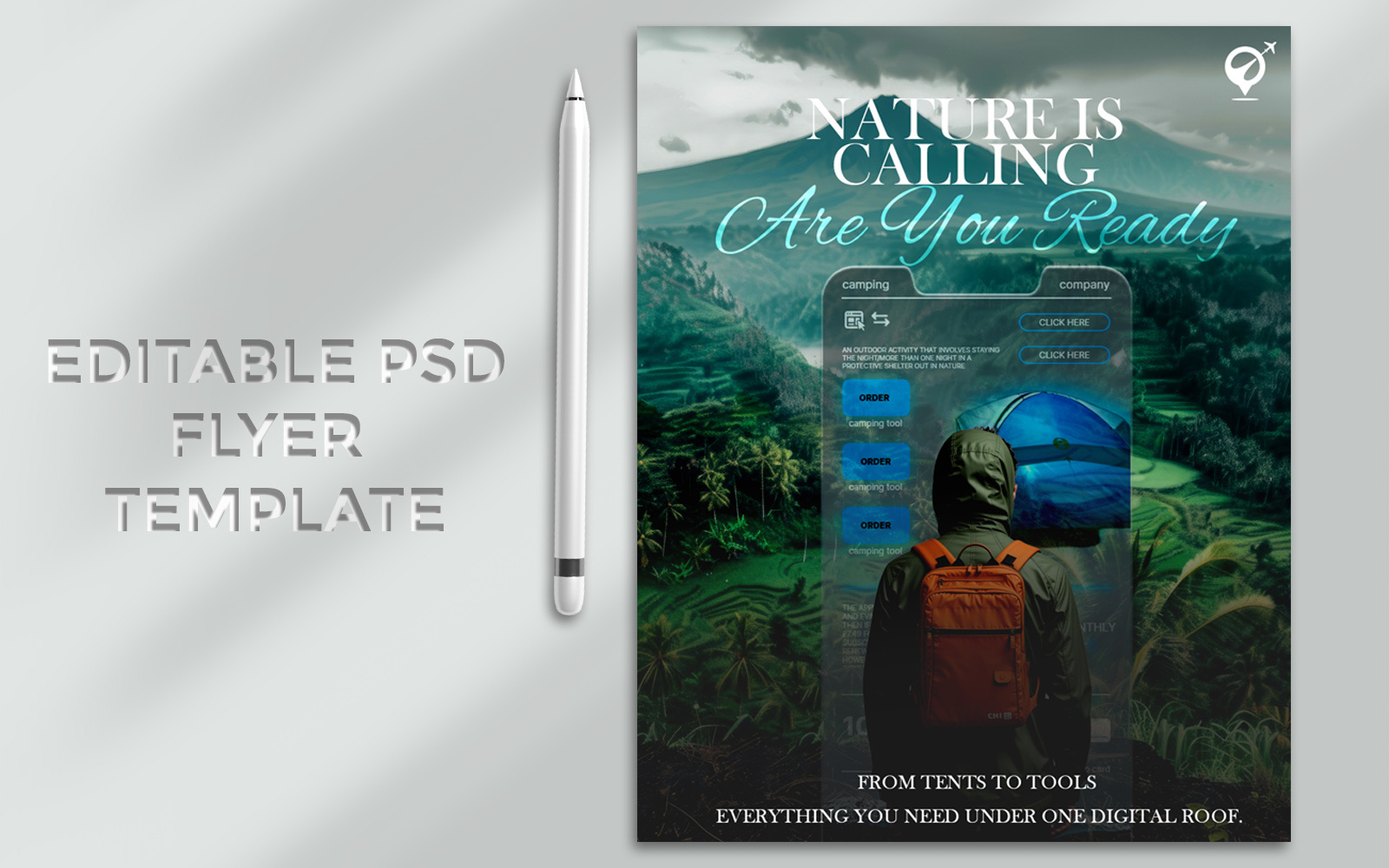 Nature Adventure Travel Flyer PSD Template adventureposter campingdesign digitalproduct ecofriendlydesign editableflyer flyertemplate marketingdesign naturebranding outdoorgear photoshoptemplate psdtemplate travelflyer