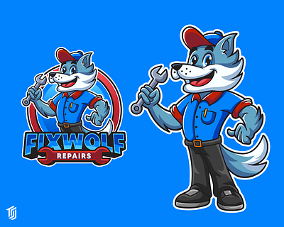 Bold Mascot Logo for Repair Shop | Fix Wolf Character Design bold colors