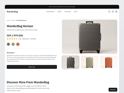 WanderBag – Product Detail Page UI Design clean design collection design desktop detail page product ecommerce ecommerce web items luggage product design product detail saas travel ui uidesign uiux ux uxdesign web design website