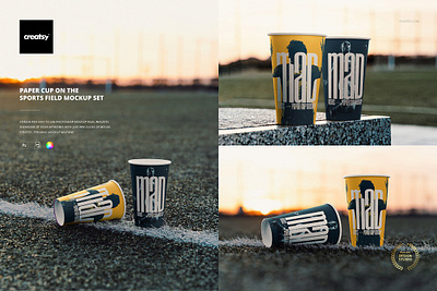 Paper Cup on the Sports Field Mockup PSD creator creatsy design generator mock up mock ups mockup mockups smart object template templates