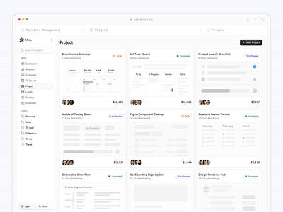 Project Management SaaS Dashboard b2b collaboration ui dashboard design system enterprise ux modern dashboard productivity tools project management project tracker project ui remote team tools saas design saasfactor task board task manager task ui team workflow ui design ux dashboard work management