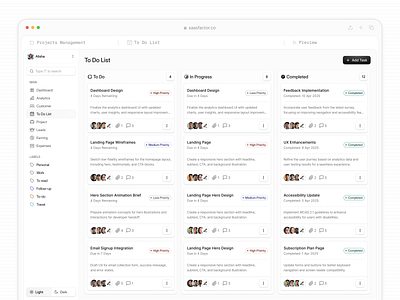 Project Management App To-Do List UI agile workflow b2b clean ui daily task manager dashboard layout design system enterprise dashboard kanban ui modern dashboard priority tagging productivity ui project tracker saasfactor sprint planning task board task status team collaboration team task manager to do list ux design