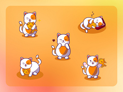 Cute Cat and Fish Illustration activities animal bundle cat character concept cute fish gradient illustration modern orange outline set simple