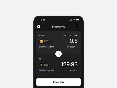 dApp UI (swap tokens) close-up app design binance bitcoin blockchain crypto dapp ios app product design swap ui design